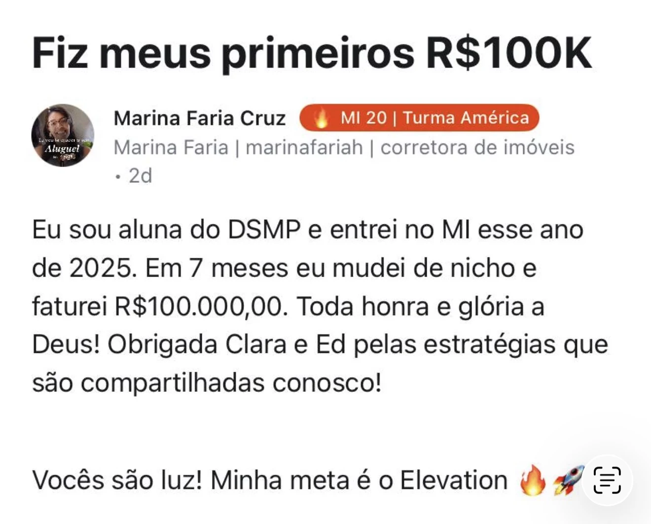 Marina relata seus primeiros 100 mil reais após mudar de nicho e aplicar as estratégias do Marca Irresistível