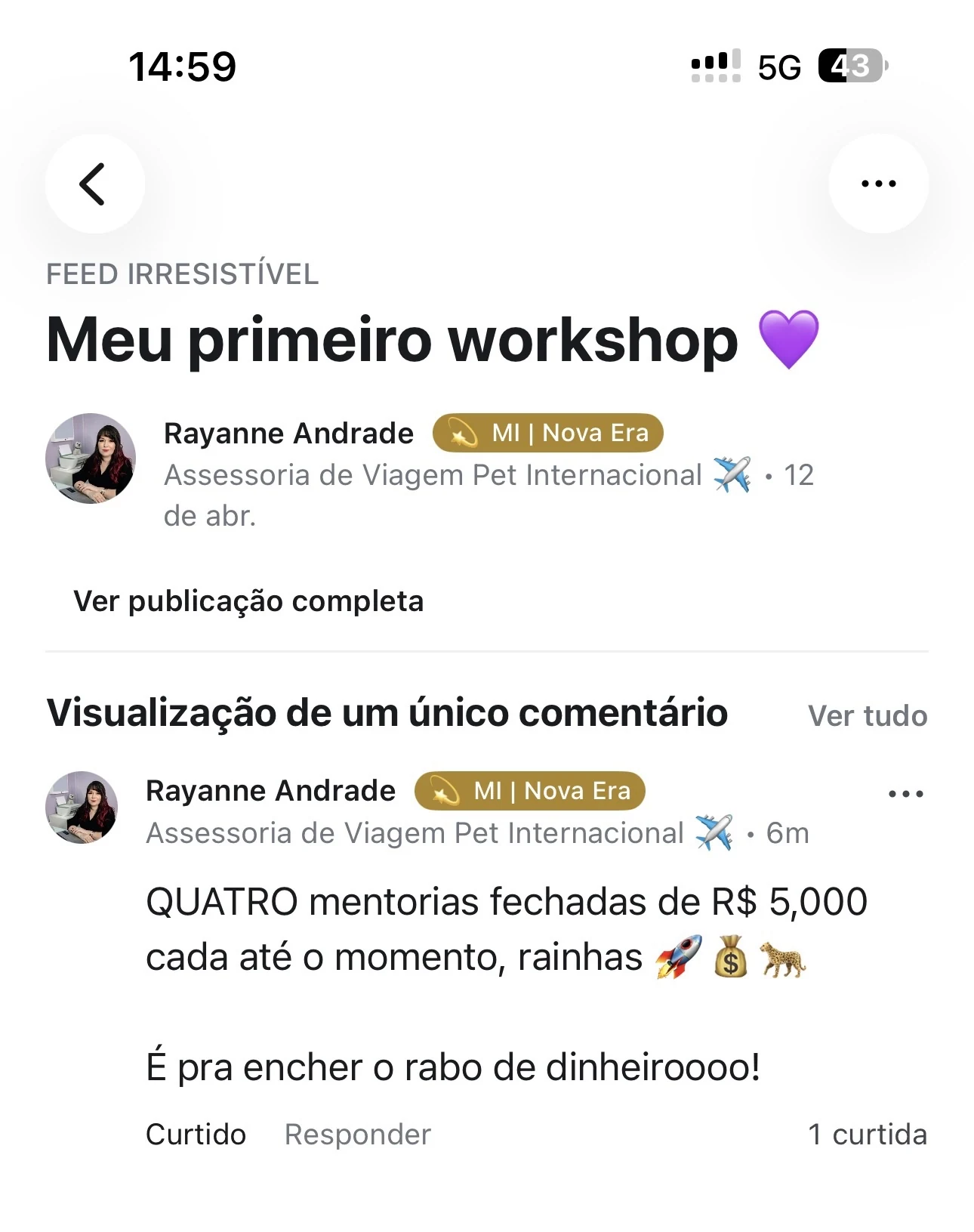 Rayanne relata quatro mentorias fechadas por 5 mil reais cada após seu primeiro workshop